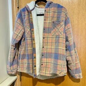 Soho Pastel Plaid Sherpa Hooded Shacket in Pink & Blue